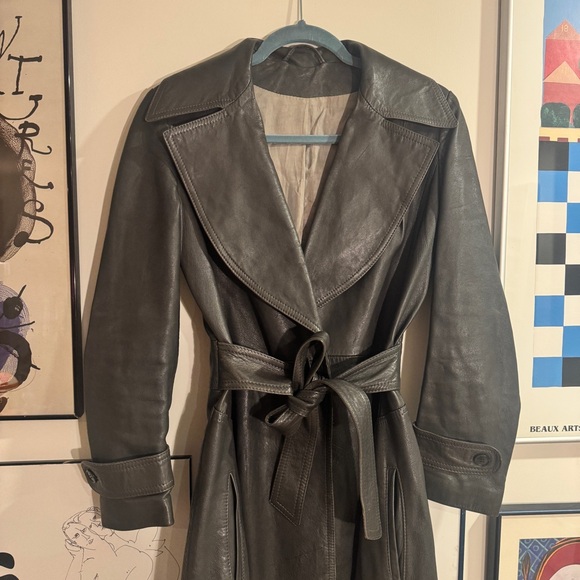 Vintage Gray Long Leather Trench Coat - women’s XS - Picture 3 of 16